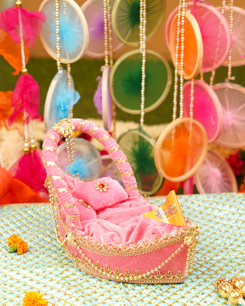 Laddu Gopal Premium Pink Velvet Boat Bed | L x W x H (13 x 7 x 4")