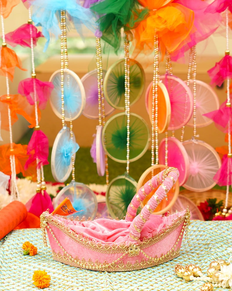 Laddu Gopal Premium Pink Velvet Boat Bed | L x W x H (13 x 7 x 4")