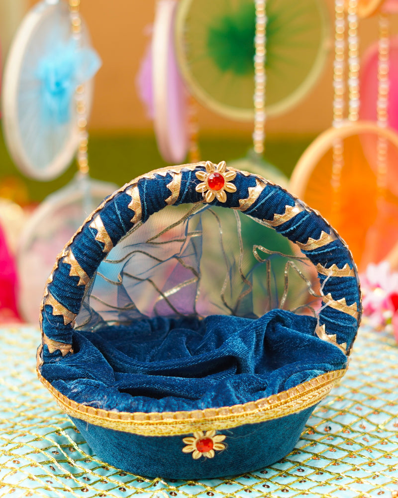 Navy Blue Bal Gopal Velvet Tokri Bed