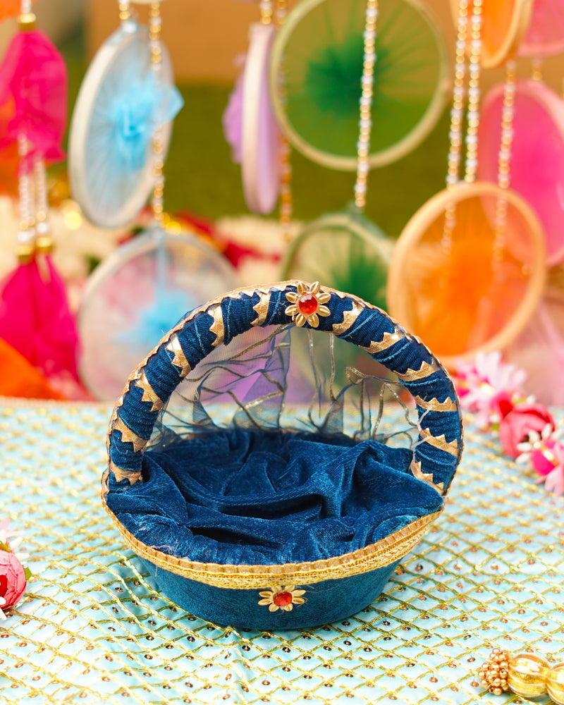 Navy Blue Bal Gopal Velvet Tokri Bed