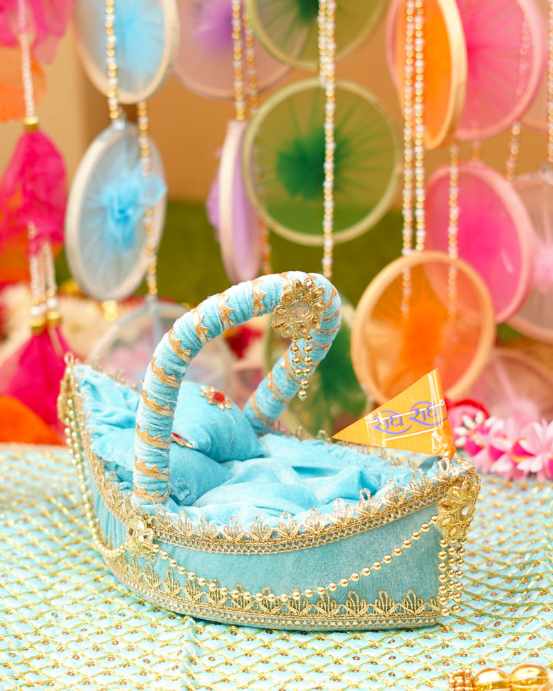Laddu Gopal Premium Sky Blue Boat Bed | 13 x 7 x 4"