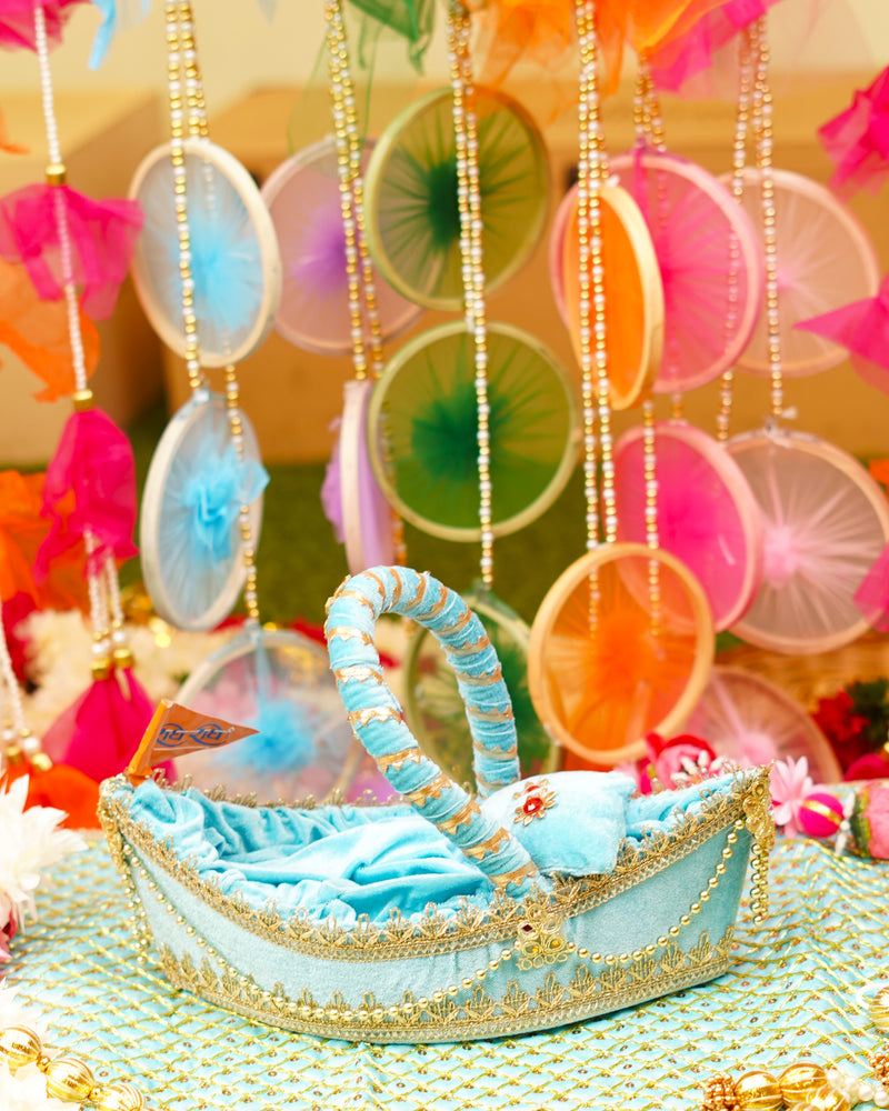 Laddu Gopal Premium Sky Blue Boat Bed | 13 x 7 x 4"