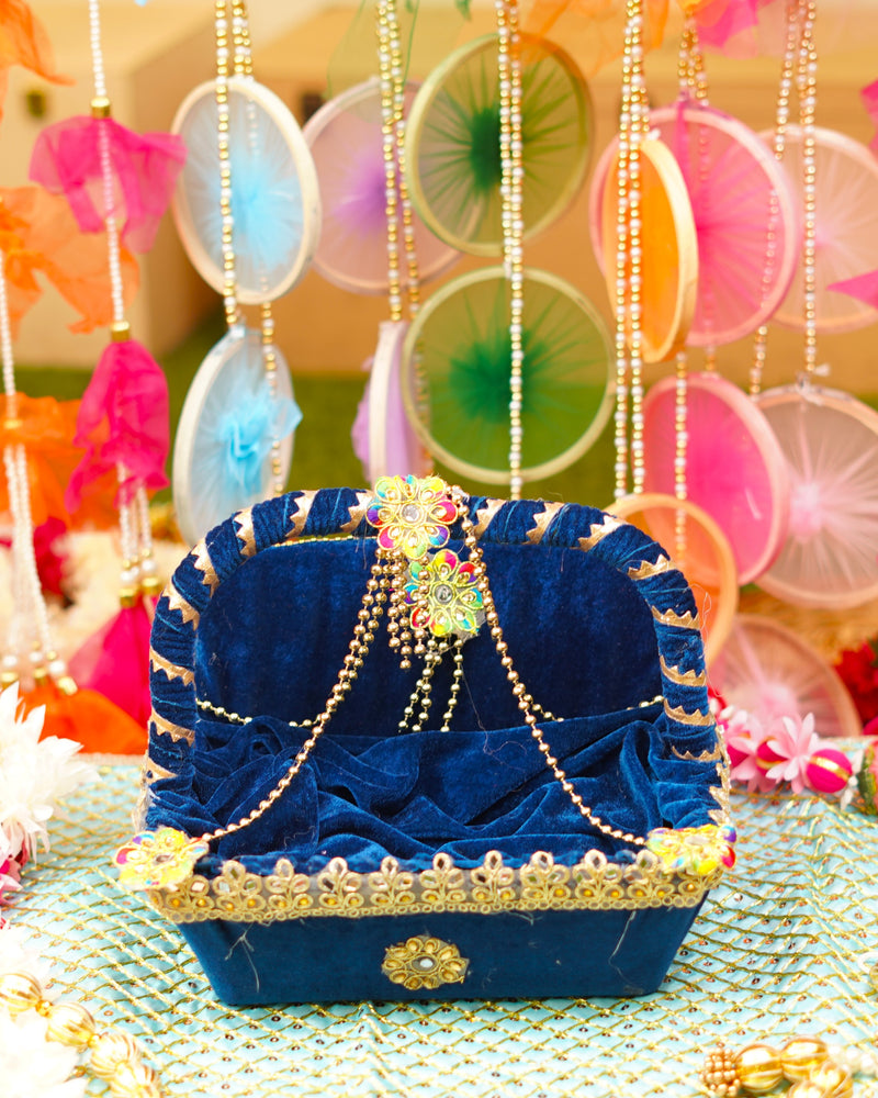 Navy Blue Velvet Laddu Gopal Regal Tokri Bed