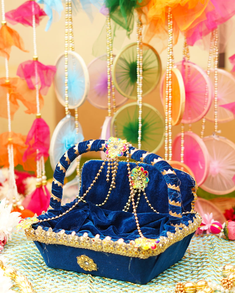 Navy Blue Velvet Laddu Gopal Regal Tokri Bed