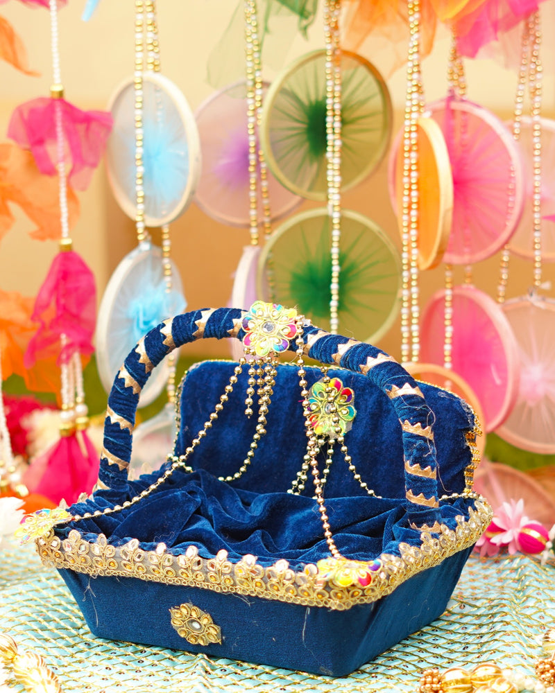 Navy Blue Velvet Laddu Gopal Regal Tokri Bed