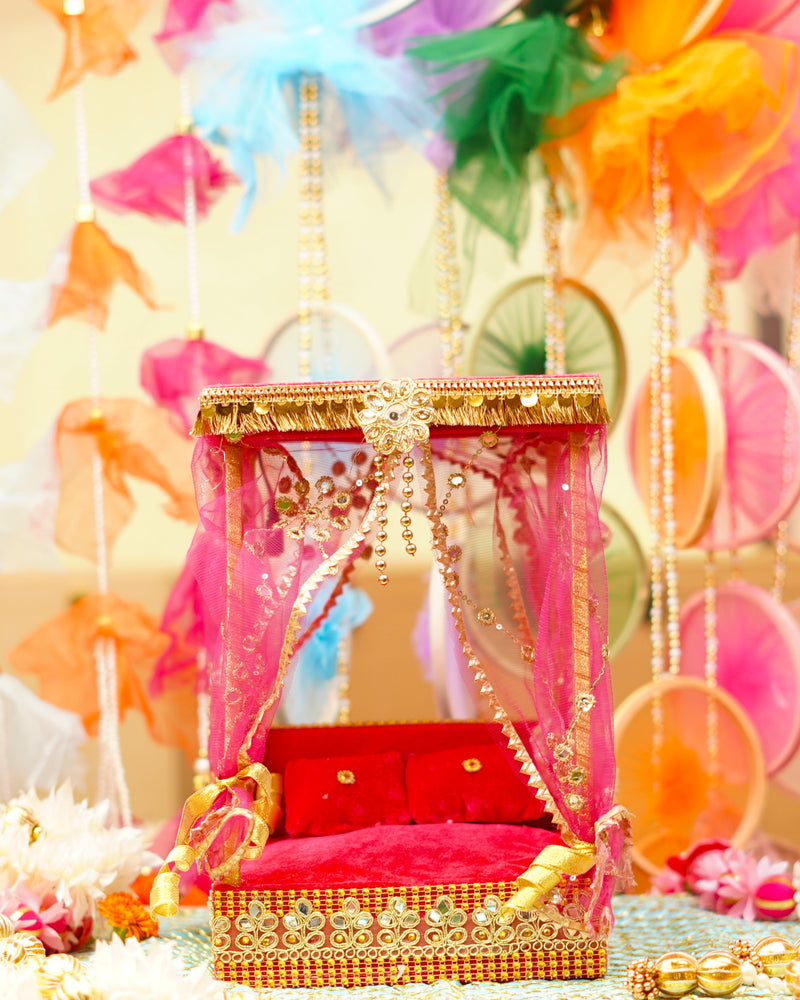 Pink Decorative Laddu Gopal Light Bangla with Bed 12 inch
