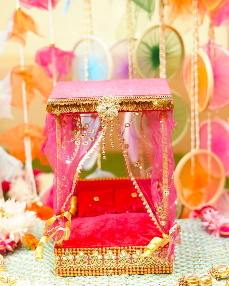 Pink Decorative Laddu Gopal Light Bangla with Bed 12 inch