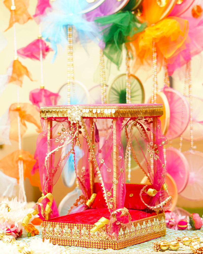 Pink Decorative Laddu Gopal Light Bangla with Bed 12 inch
