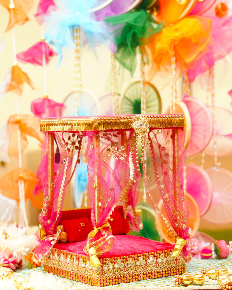 Pink Decorative Laddu Gopal Light Bangla with Bed 12 inch