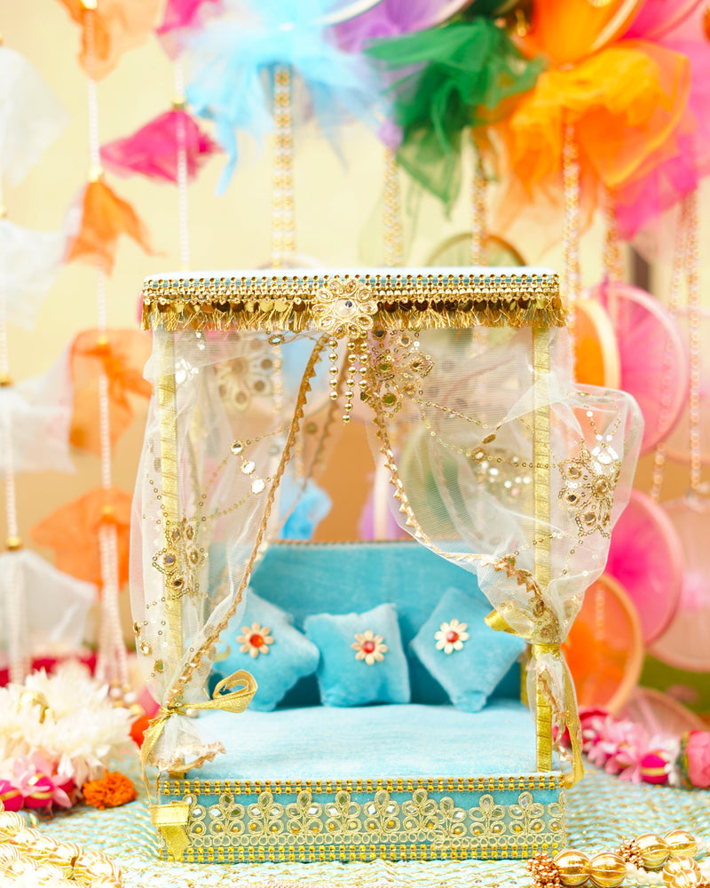 Sky Blue Decorative Laddu Gopal Light Bangla with Bed 14.5 inch