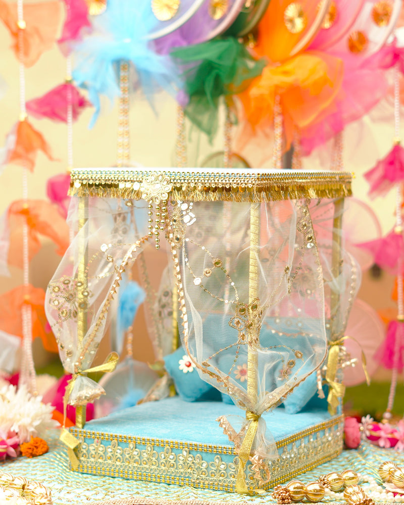 Sky Blue Decorative Laddu Gopal Light Bangla with Bed 14.5 inch