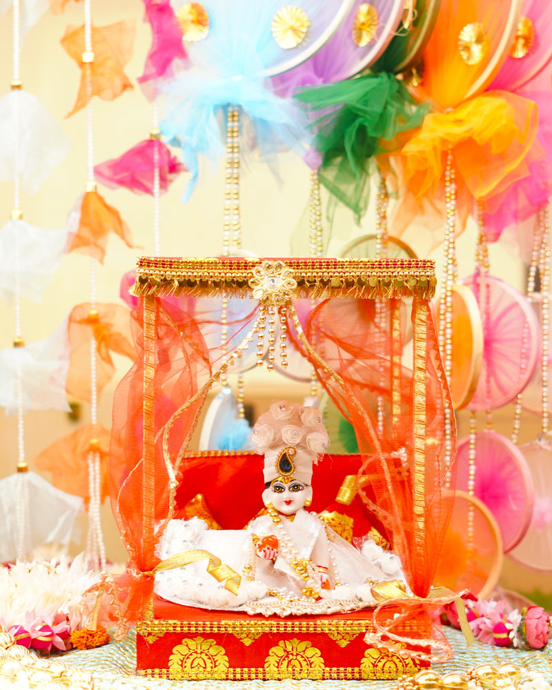 Luxe Red Decorative Laddu Gopal Light Bangla with Bed, Pillows ( 10X14.5 inches )
