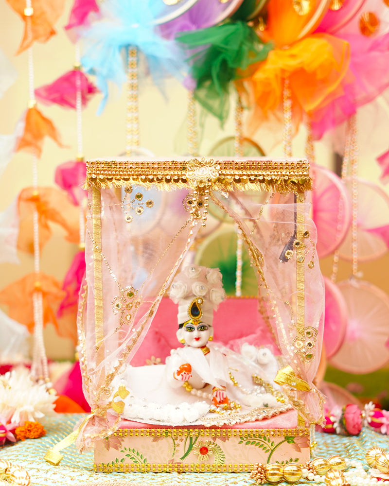 Light Pink Decorative Laddu Gopal Light Bangla with Bed 14.5 inch