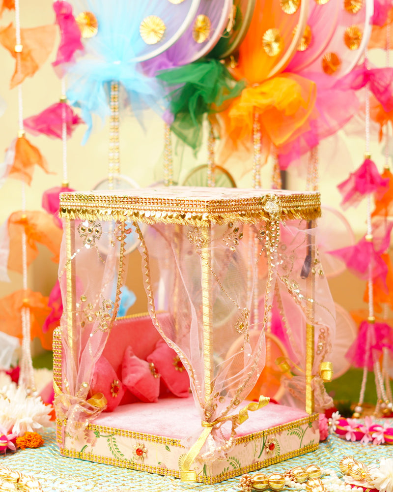 Light Pink Decorative Laddu Gopal Light Bangla with Bed 14.5 inch