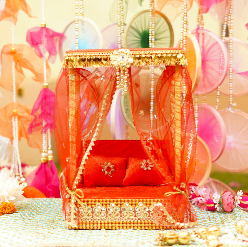 Premium Red Decorative Laddu Gopal Light Bangla with Bed, Pillows