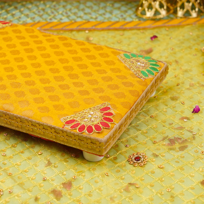 Yellow Premium Cushioned Festive Pooja Chowki 11x7 Inch