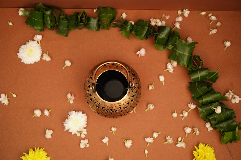 Round Tealight Holder | Diwali Gift | Antique Gold Lamp