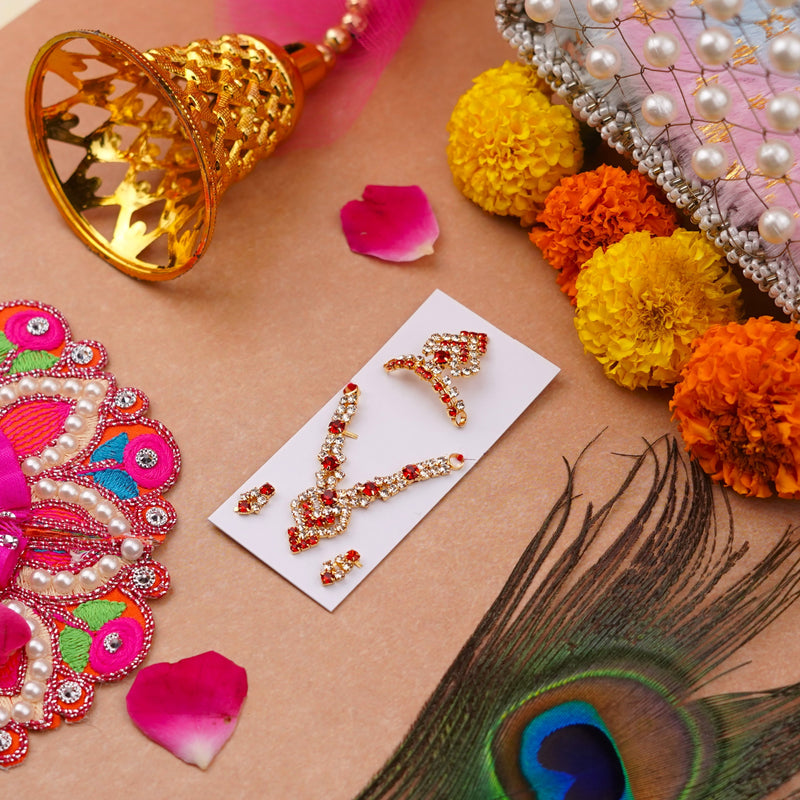 Divine Red Glow Shringar Set for Ladoo Gopal – Sparkling Stone Crown, Pendant Haar & Earrings