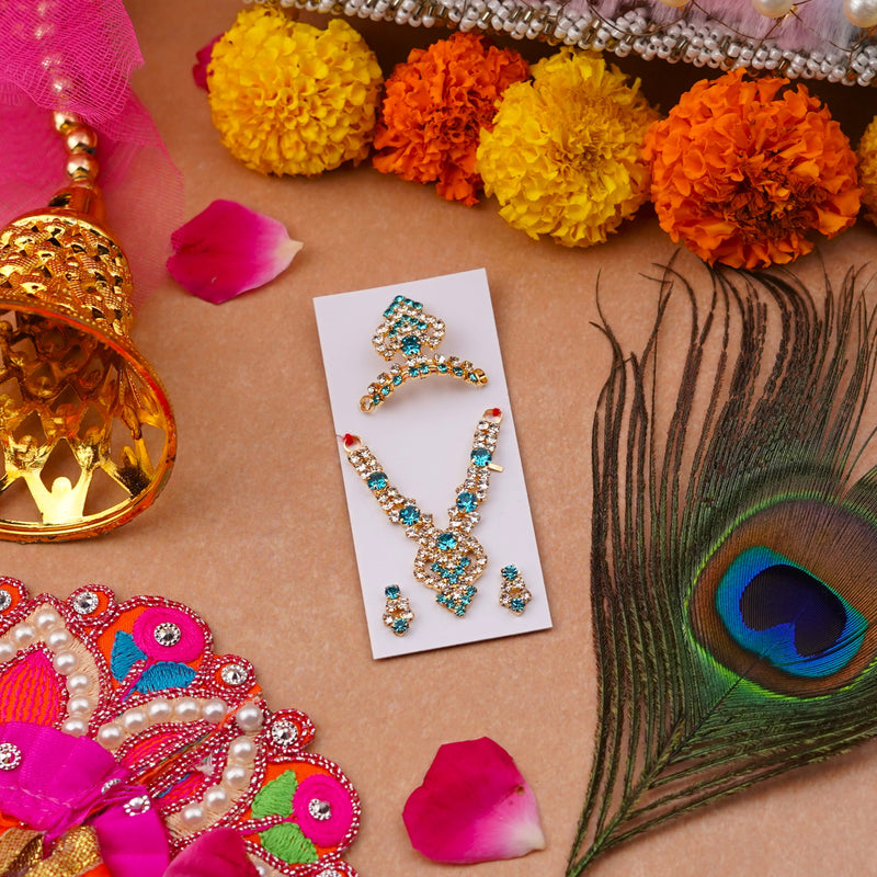 Divine Blue Glow Shringar Set for Ladoo Gopal – Sparkling Stone Crown, Pendant Haar & Earrings