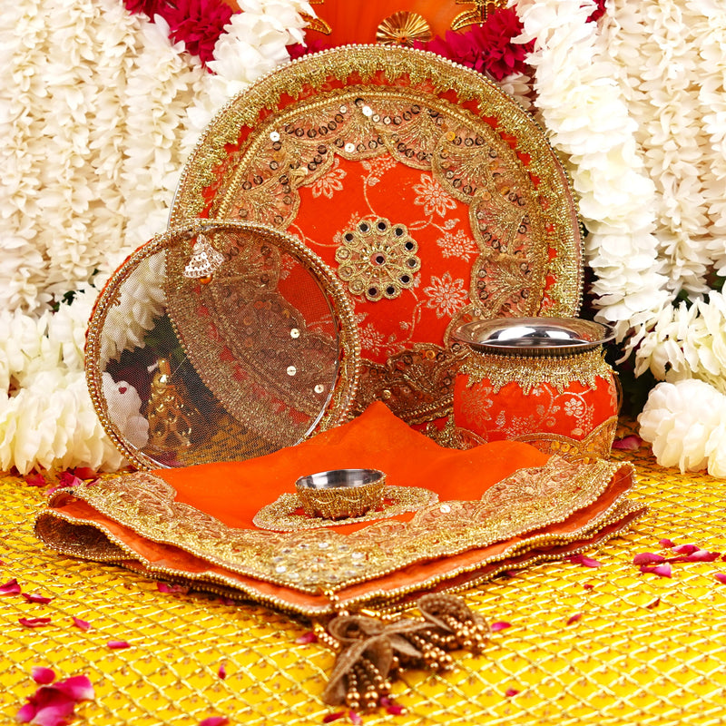 Orange Karwa Chauth Thali Set | Luxe Edition | Pack of 5