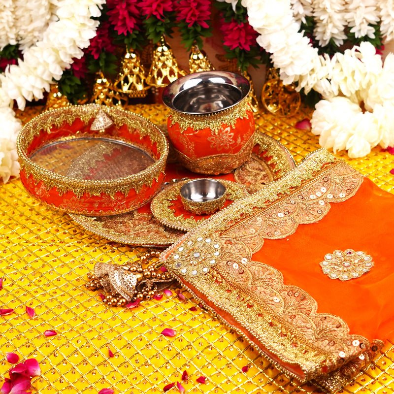 Orange Karwa Chauth Thali Set | Luxe Edition | Pack of 5