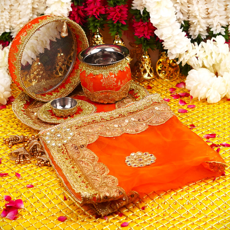 Orange Karwa Chauth Thali Set | Luxe Edition | Pack of 5