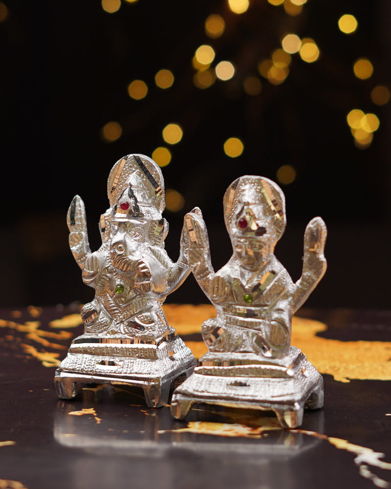 Lakshmi Ganesh Silver Plated Idol Set with Premium Gift Box 4 Inch