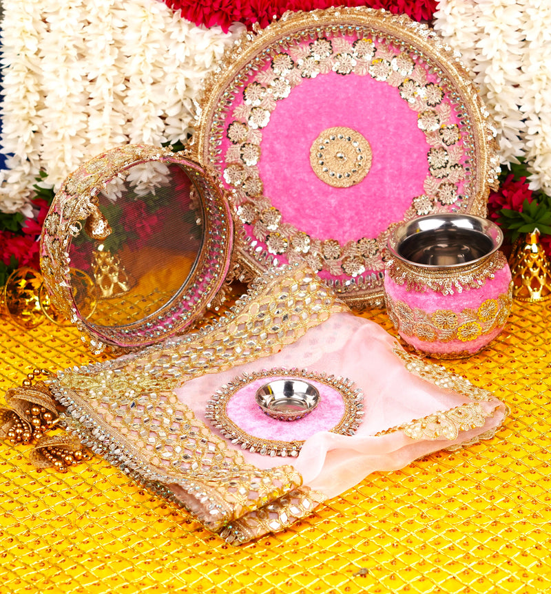 Premium Pink Karwa Chauth Thali Set | Luxury Edition | Pack of 5