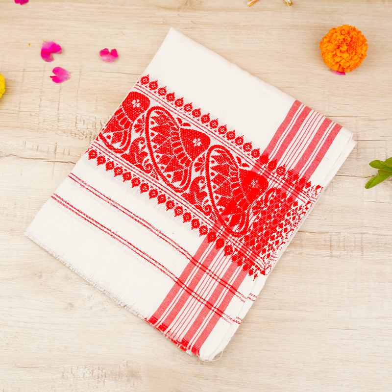 Assamese White and Red Puja Gamcha 47x19.5 Inch