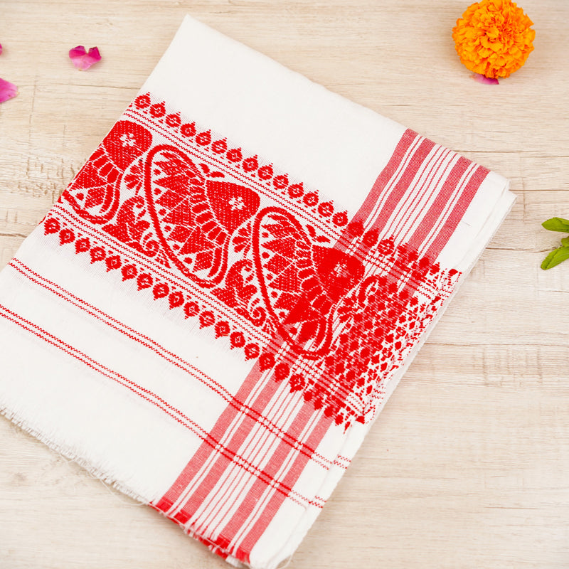 Assamese White and Red Puja Gamcha 47x19.5 Inch