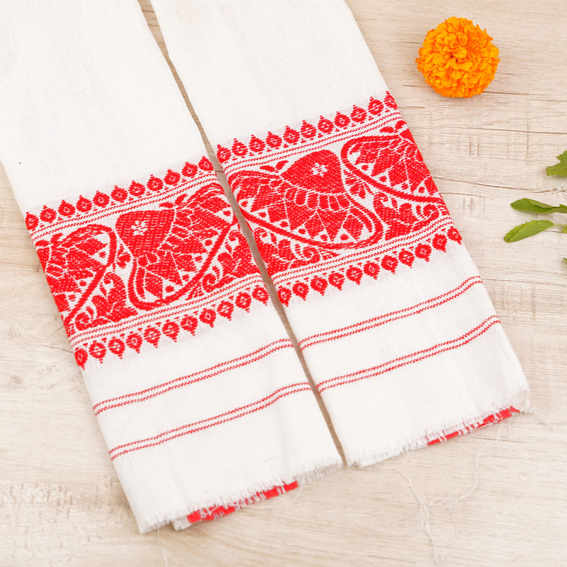 Assamese White and Red Puja Gamcha 47x19.5 Inch