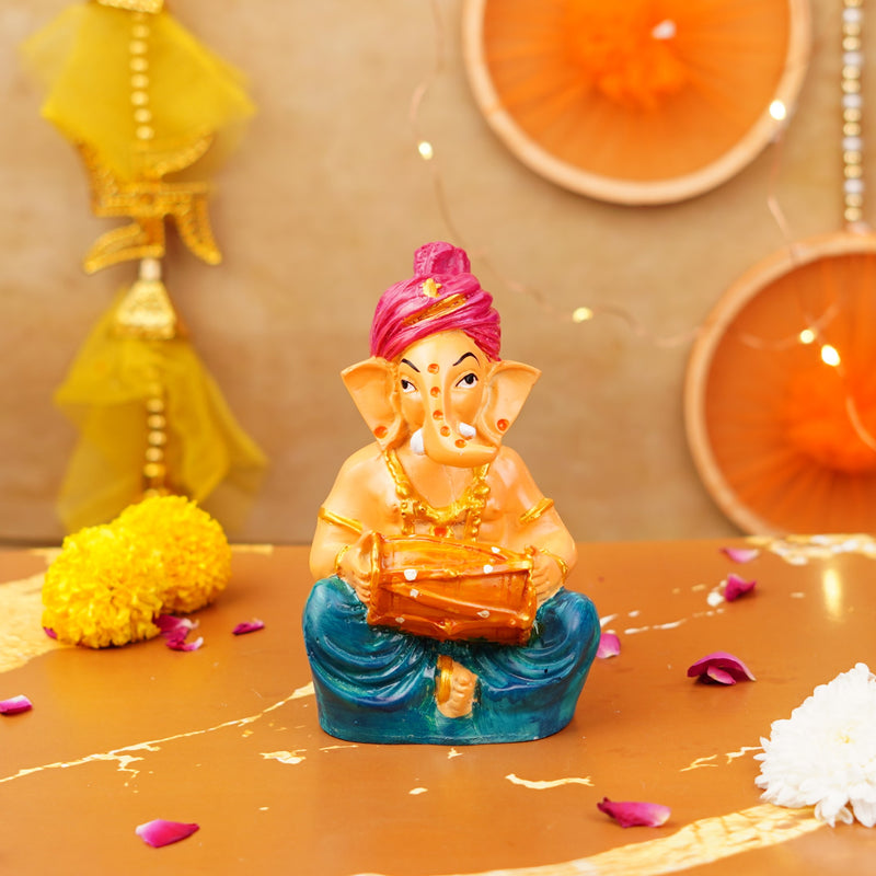 Pink Pagdi Ganesha Playing Dholak Resin Idol 5 "