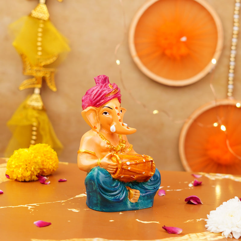 Pink Pagdi Ganesha Playing Dholak Resin Idol 5 "