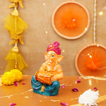 Pink Pagdi Ganesha Playing Dholak Resin Idol 5 "