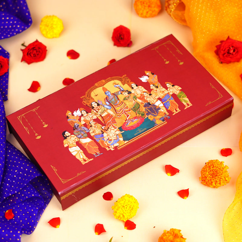 Valmiki's Ramayana Heritage Edition – Luxurious Wooden Gift Box Featuring Handcrafted Art, Sacred Incense Box, Hanuman Chalisa Scroll, Jai Shree Ram Brass Gada