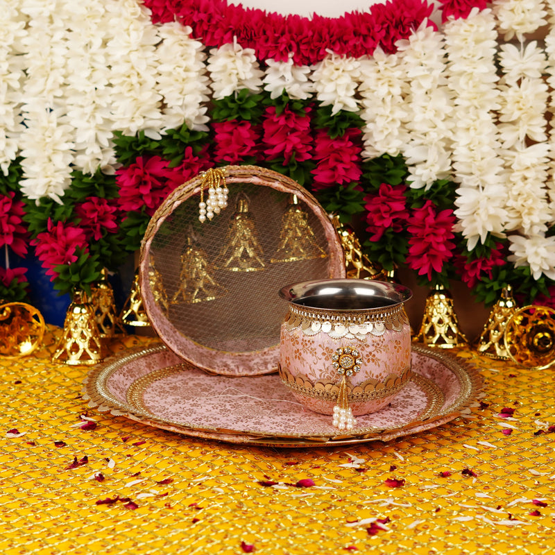 Premium Pink and Golden Embroidery Karwa Chauth Thali Set