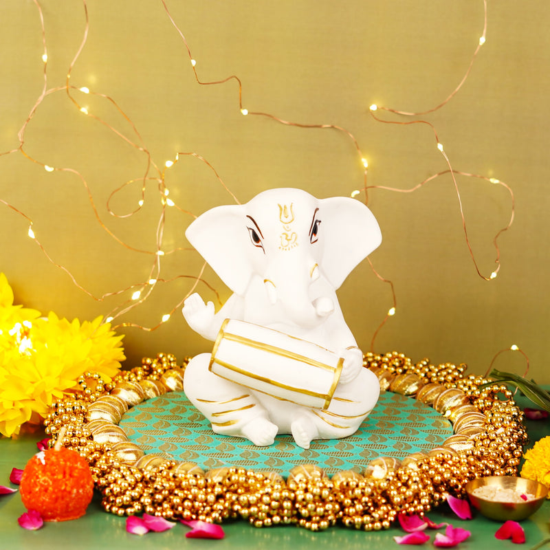 Marble Dust Ganesha Playing Dholak Idol 5.5'' | 577g Idol with Gift Box