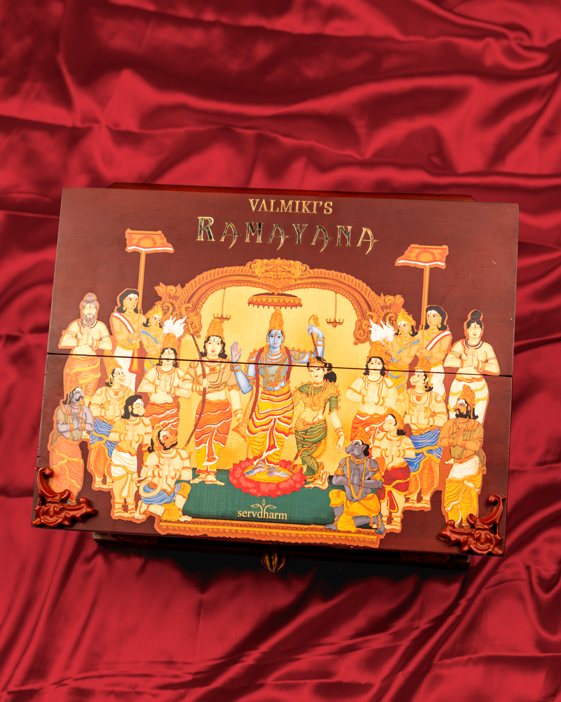 Valmiki's Ramayana Heritage Edition – Luxurious Wooden Gift Box Featuring Handcrafted Art, Sacred Incense Box, Hanuman Chalisa Scroll, Jai Shree Ram Brass Gada