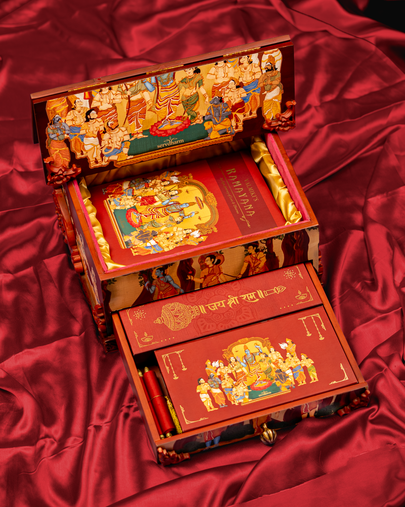 Valmiki's Ramayana Heritage Edition – Luxurious Wooden Gift Box Featuring Handcrafted Art, Sacred Incense Box, Hanuman Chalisa Scroll, Jai Shree Ram Brass Gada