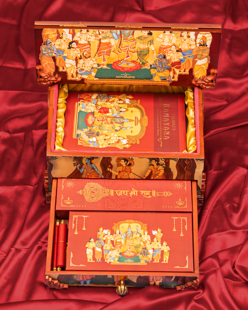 Valmiki's Ramayana Heritage Edition – Luxurious Wooden Gift Box Featuring Handcrafted Art, Sacred Incense Box, Hanuman Chalisa Scroll, Jai Shree Ram Brass Gada