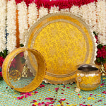 Premium Traditional Yellow Karwa Chauth Thali with Pearl Accents