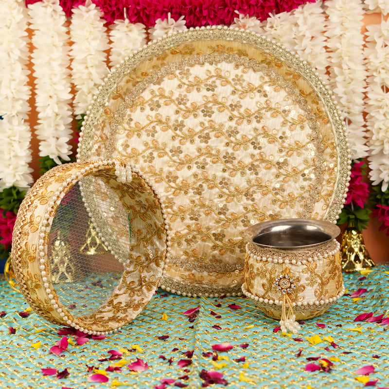 Golden Karwa Chauth Thali Set with Embroidery