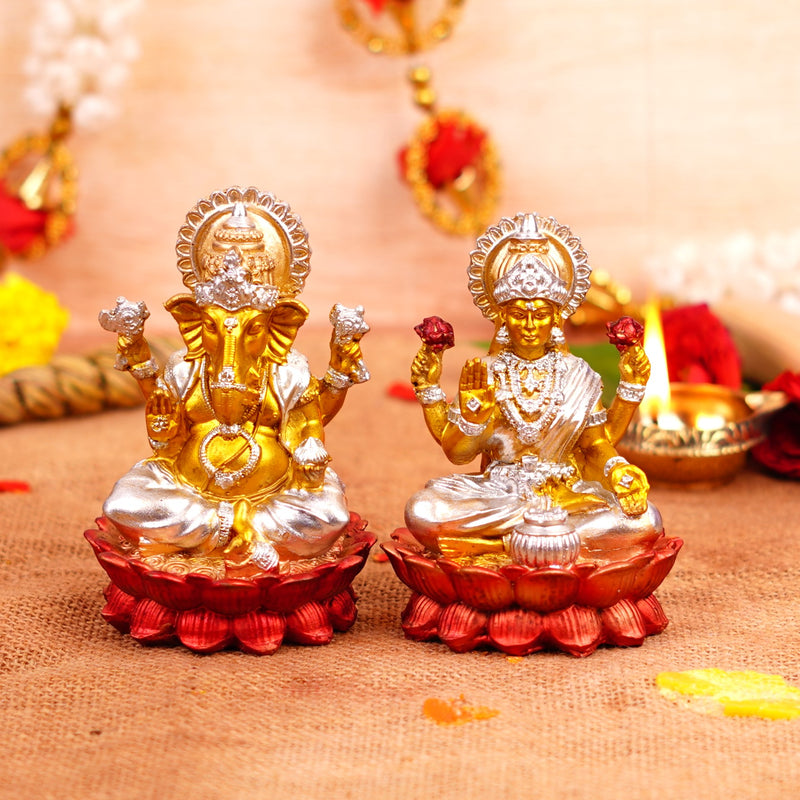 Silver and Golden Lakshmi Ganesh Resin Idol 4"