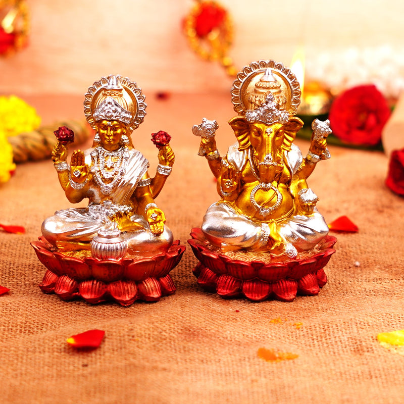 Silver and Golden Lakshmi Ganesh Resin Idol 4"
