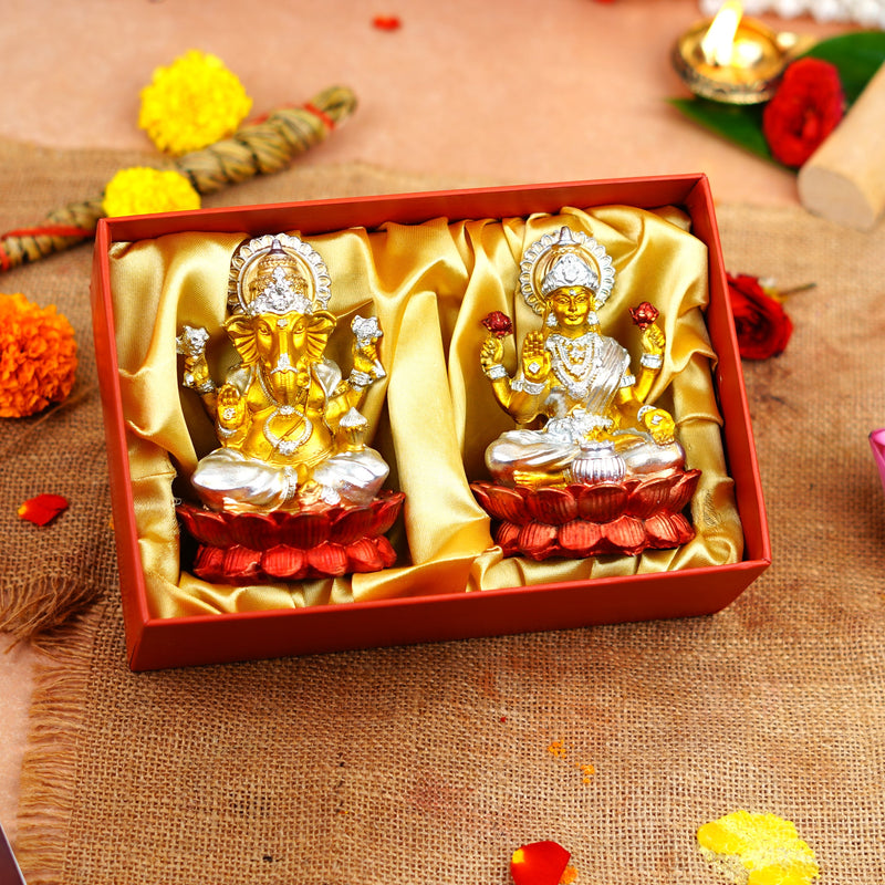 Silver and Golden Lakshmi Ganesh Resin Idol 4"
