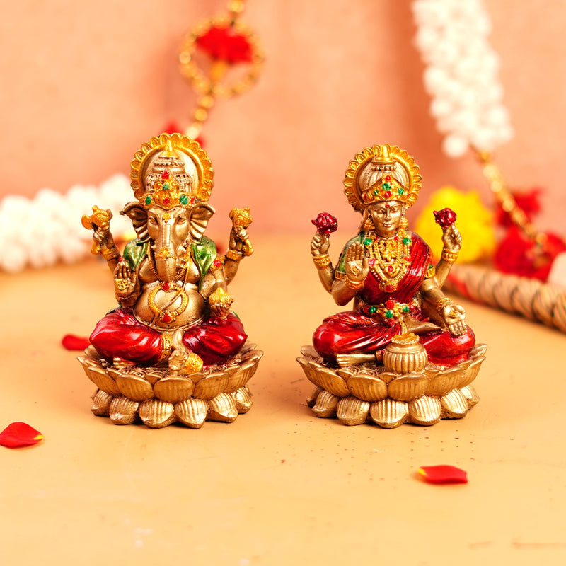 Copper and Red Lakshmi Ganesh Resin Idol 4"
