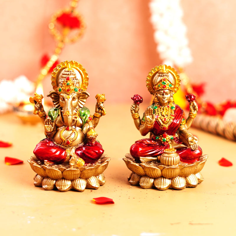 Copper and Red Lakshmi Ganesh Resin Idol 4"