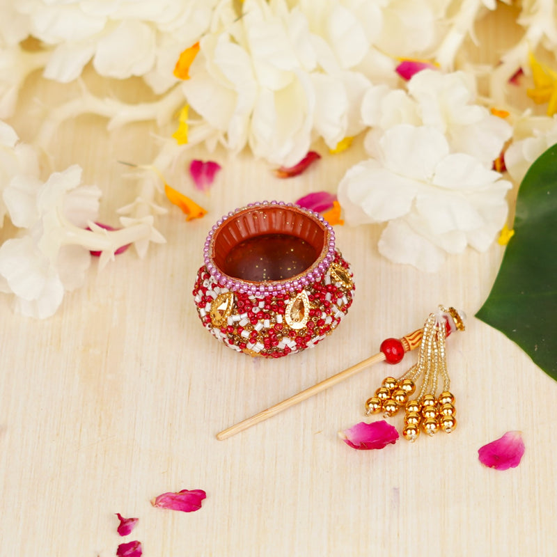 Handcrafted Red Janmashtami Dahi Handi with Stick