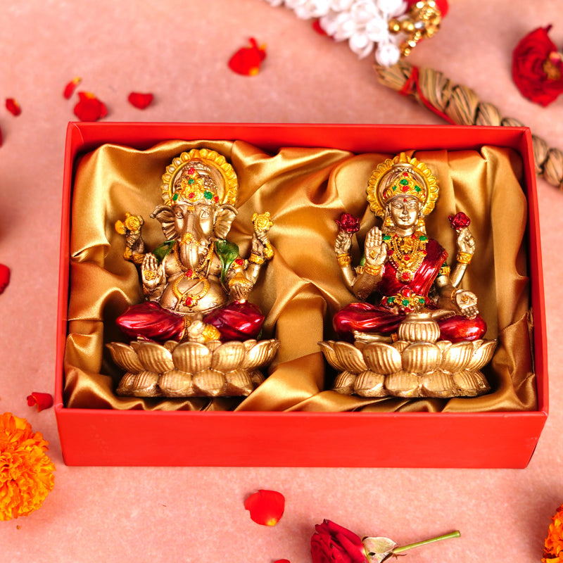 Copper and Red Lakshmi Ganesh Resin Idol 4"
