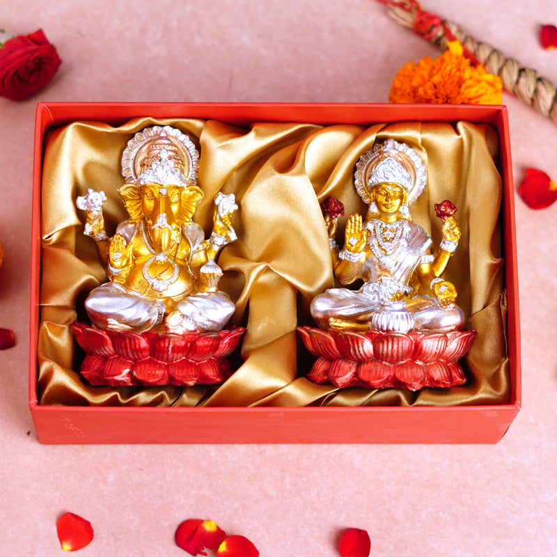 Silver and Golden Lakshmi Ganesh Resin Idol 4"